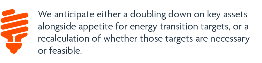 We anticipate either a doubling down on key assets alongside appetite for energy transition targets, or a recalculation of whether those targets are necessary or feasible.