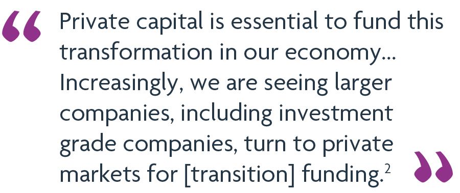 Private capital is essential to fund this transformation in our economy...Increasingly, we are seeing larger companies, including investment grade companies, turn to private markets for [transition] funding.2