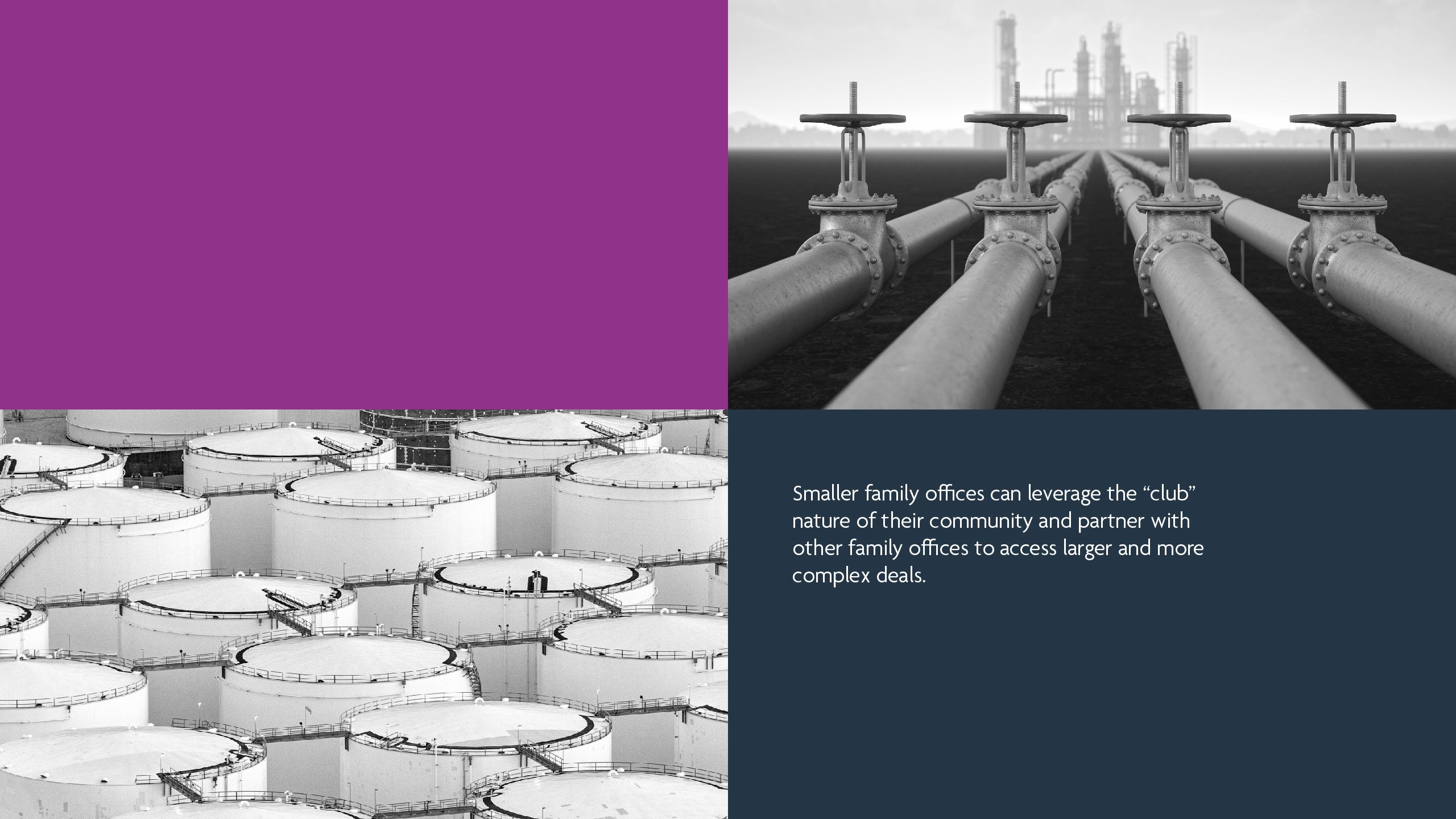 Smaller family offices can leverage the “club” nature of their community and partner with other family offices to access larger and more complex deals.